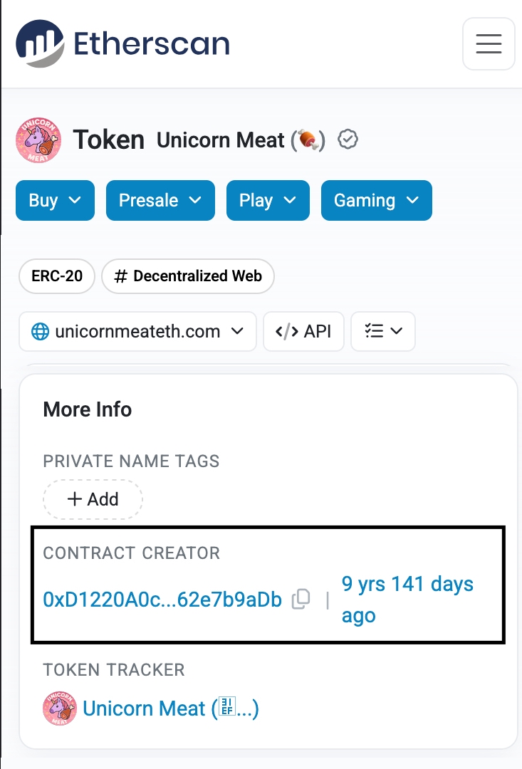 Etherscan Unicorn Meat Token